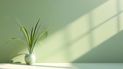 A serene indoor scene featuring a green plant in a minimalist pot against a softly lit wall