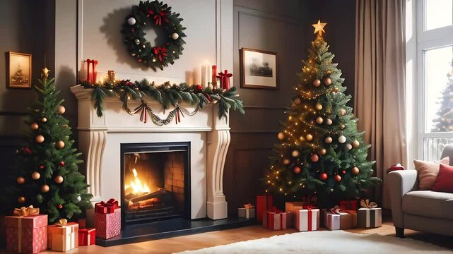  Christmas interior with festive tree, fireplace and decorations. Cozy ambience. High quality 4k footage