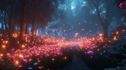 Enchanting nighttime scene of glowing flowers in a mystical forest nature photography ethereal environment
