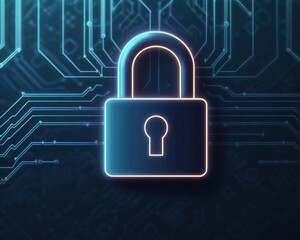 A digital padlock icon represents cybersecurity and data protection. Ideal for technology, security, and online privacy themes.