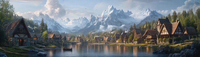 Fototapeta premium Tranquil lake reflection serene mountain village digital art nature panoramic view peaceful landscape