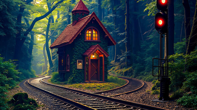 A small house in the middle of a forest next to a train track - Powered by Adobe