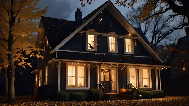 Halloween house, twinkling lights, falling leaves, eerie ambiance. High quality 4k footage
