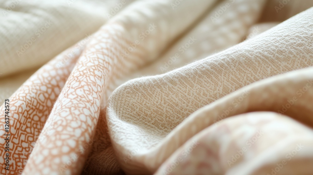 Aufkleber Close up view of patterned fabrics showcasing intricate floral and geometric designs with blank space for text enhancement. Generative AI