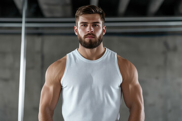 Muscular young man with beard in white tank top standing confidently in gym with modern architecture and industrial decor in background