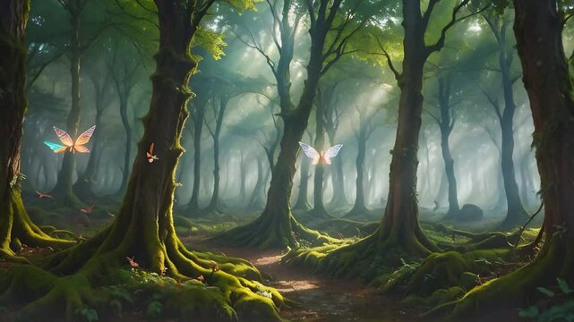 Fairies flying in a beautiful enchanted forest. High quality 4k footage