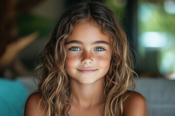 Fototapeta premium Girl with beautiful blue eyes and wavy hair enjoys summer indoors in a bright natural setting with soft light illuminating her face