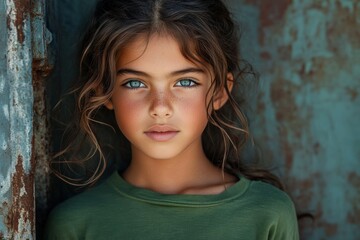 Fototapeta premium Young girl with striking blue eyes poses against a weathered backdrop in soft light, capturing a moment of innocence and beauty