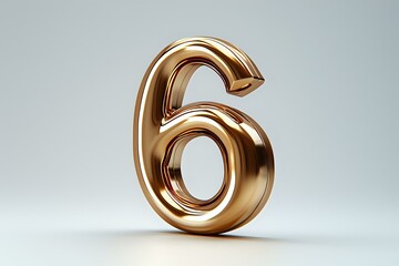 Metallic gold number six on light background, glossy bronze digit with reflective surface and smooth curves creates elegant numerical typography design.
