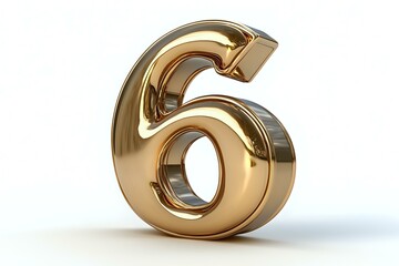 Golden metallic number six on white background, glossy rounded digit with reflective surface and soft shadow, suitable for anniversary or ranking design.