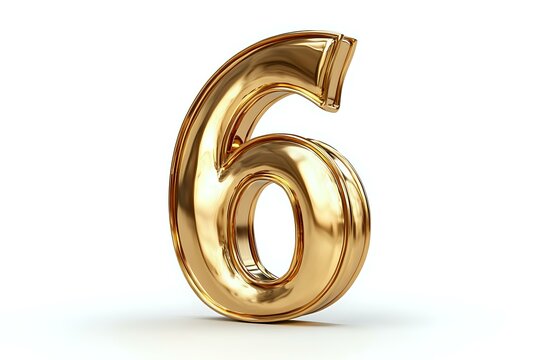 Golden metallic number six on white background, glossy inflated digit with reflective surface and soft shadow. Isolated design element for counting.