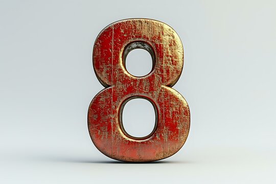 Red and gold number eight with distressed texture and metallic effect on light background, isolated design element for creative projects.