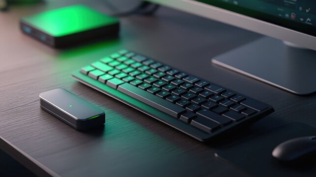 A closeup of a keyboard and mouse on a sleek desk with a portable hard drive labeled Secure Backup prominently p nearby. A green LED light from a router illuminates the area indicating