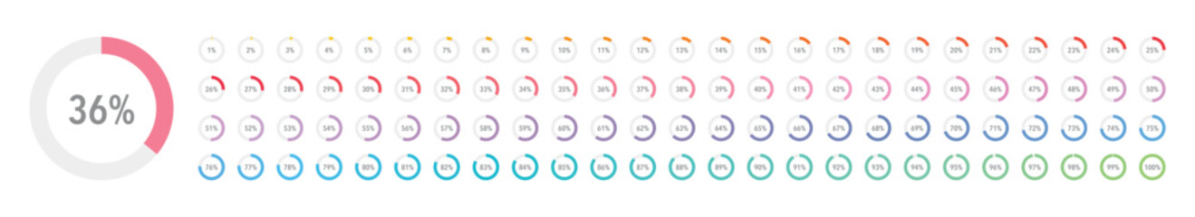 Set of colorful infographic percentage piecharts / segment of hole circle icons 0% - 100%, simple flat design loading data interface elements app button ui ux web, vector isolated on white background