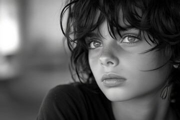 Young child with curly hair gazing thoughtfully in a soft light, captured in a contemplative moment in monochrome