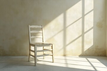 A single wooden chair positioned against a textured wall, illuminated by soft sunlight casting shadows