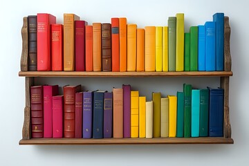 Colorful books arranged in rainbow spectrum order on wooden wall shelves against white background, creating vibrant library display for education and learning concept.