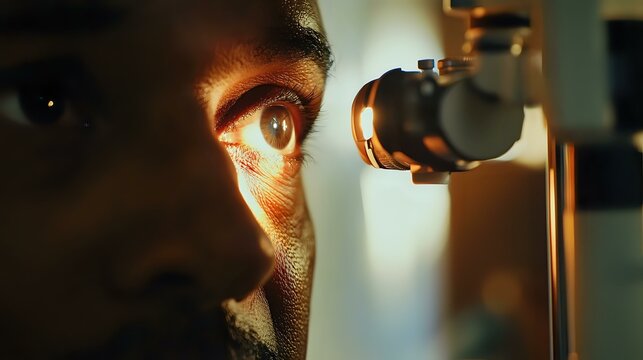 Close-up of African American male patient during eye examination with slit lamp biomicroscope in dark room, dramatic lighting highlights eye detail. - Powered by Adobe
