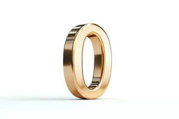 Golden metallic number zero on white background, dimensional figure with reflective surface and clean modern design for typography and counting concepts.