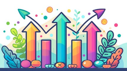 Colorful gradient arrows pointing upward with decorative leaves and circles, showing growth trend on white background. Business concept for success visualization.