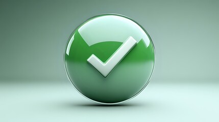 Green glossy sphere with white checkmark symbol floating on gradient background, casting soft shadow. Modern minimal design for apps and interfaces.