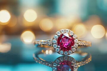 A high - end advertisement - style shot of a ruby ring with a blurred luxury boutique background