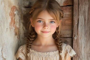 Fototapeta premium Young girl with braids poses cheerfully against a rustic wooden background in morning light