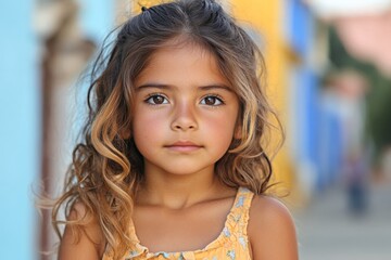 Fototapeta premium Young girl with curly hair poses in colorful street setting during daylight