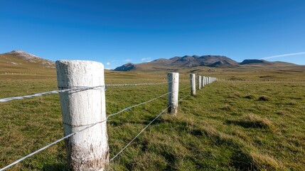 Fototapeta premium Countryside fence line, horizon, mountains. Possible use Stock photo
