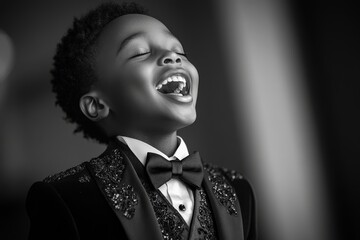 Joyful young boy wearing formal attire laughing with delight in a bright and elegant setting