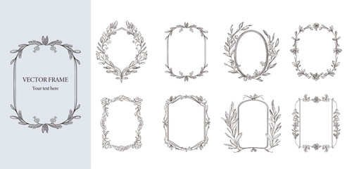 Floral Frame with ribbon and bow set . Hand drawn Botanical vector illustration. Flower wreath Black and white.