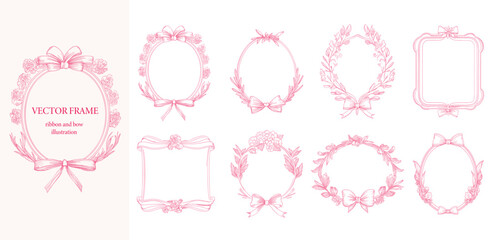 Floral Frame with ribbon and bow set . Pink color botanical vector illustration. Decorative border.