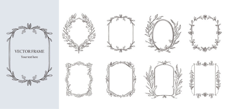 Floral Frame with ribbon and bow set . Hand drawn Botanical vector illustration. Flower wreath Black and white.