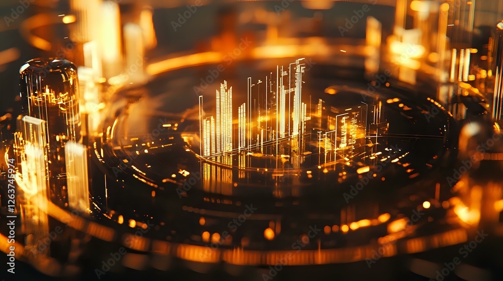 Poster glowing golden circuit board with futuristic microchip elements and light reflections creating abstr