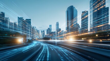 Modern cityscape with light trails and motion blur effect on empty highway, illuminated skyscrapers at dusk create futuristic urban landscape.