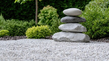 Zen garden stones, balanced rocks, peaceful landscape, outdoor tranquility, serene design