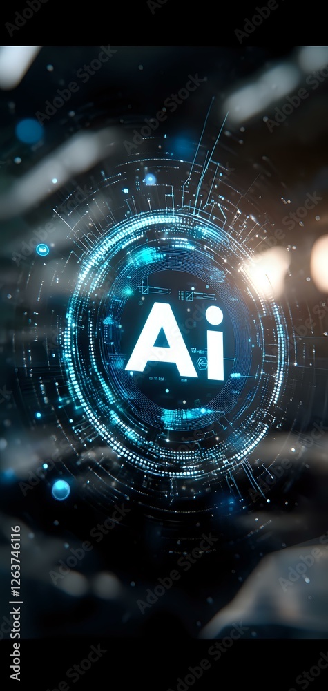 Poster futuristic ai symbol surrounded by glowing circular interface elements and digital patterns in blue 
