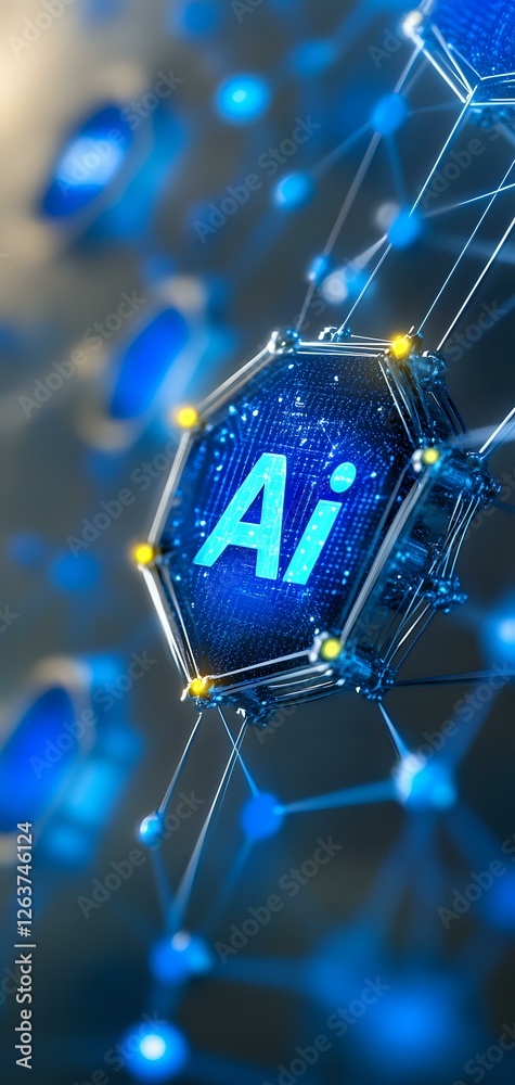 Poster glowing ai symbol in hexagonal shape connected by network lines against dark background with blue bo