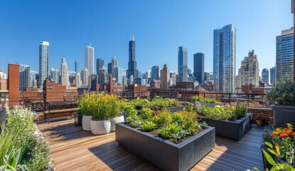 Fototapeta premium Urban Rooftop Garden with Chicago Skyline View