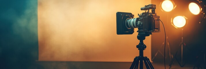 Professional camera set up for studio photography with soft lighting in a creative workspace. Generative AI