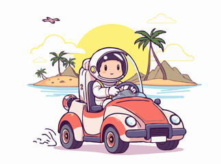 Fantasy Travel Destination: Astronaut Driving Car on Remote Island