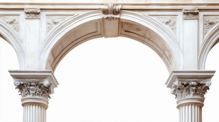 Naklejka premium Antique vintage ancient greek archway columns. Classic roman architectural design. Vintage stone archway of Constantine isolated on white, colonnade in the city. Arches of the ancient roman theatre