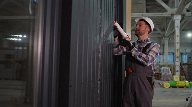 Construction worker sealing modular home window frame