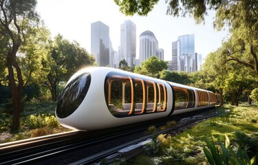 Naklejka premium Futuristic Train in Urban Park: Eco-Friendly Transportation Concept