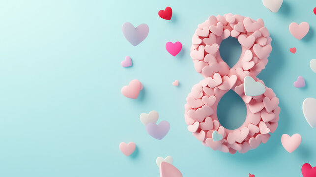 Stylish March 8th animation featuring 3D hearts that cleverly form the number eight. The animation is designed to celebrate International Women&acirc;s Day with vibrant colors and an upl