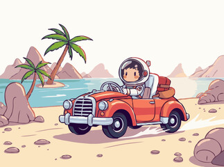 Adventure on Exotic Island: Astronaut in Retro Car Art
