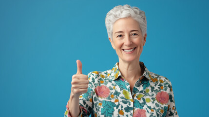 A mature Caucasian woman in casual clothes smiling with satisfaction, giving a thumbs-up gesture. Her positive and happy expression captures the essence of a carefree lifestyle, is