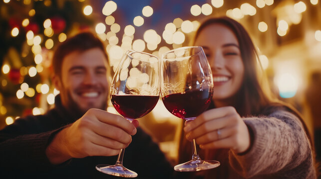 Close-up shot of a young couple clinking glasses of red wine at a romantic restaurant. Their smiles and joyful expressions capture the celebration of a special moment together.youn