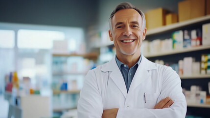Portrait of a middle-aged Caucasian male pharmacist with a friendly smile, wearing a white coat and standing with arms crossed in a well-organized pharmacy drugstore. His confident