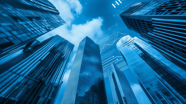 Futuristic cityscape with high rising building sky scrapper with stock market graphs and charts. Stock market or forex trading graph in graphic 